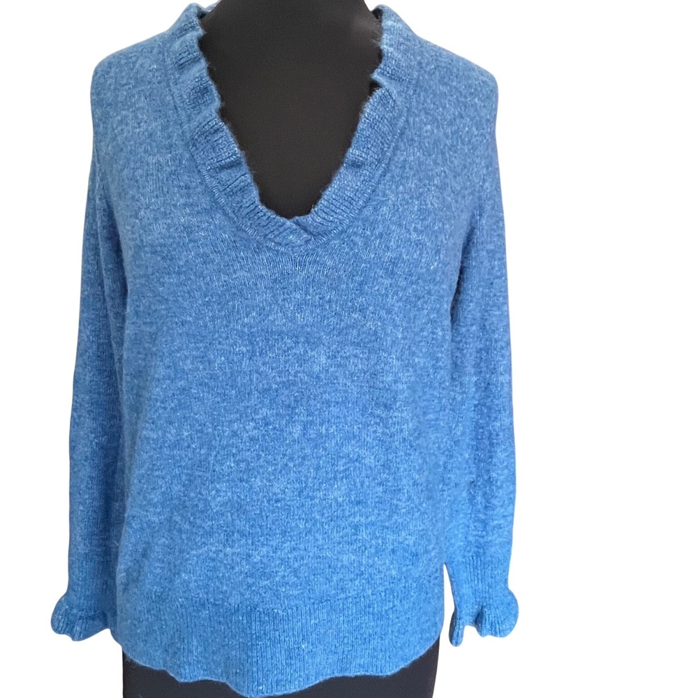 Sundance Blue Ruffle V-Neck Knit Sweater Womens Medium Long Sleeve Marl